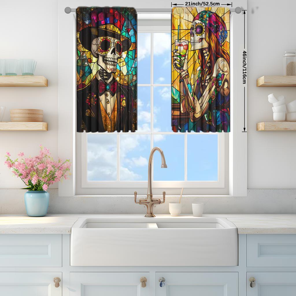 2pcs Colorful Glass Window Skeleton Love Printed Curtain for Halloween Home Decor - Rod Pocket Window Treatment for Bedroom
