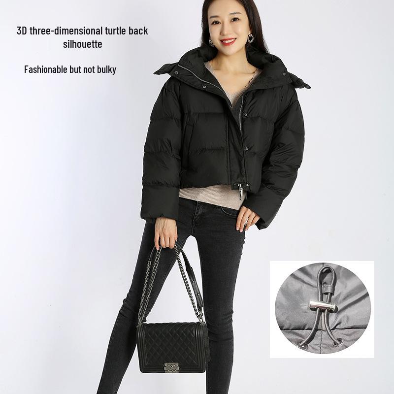 

Women s Black Turtleback Hooded Down Jacket, Short Stand-up Collar, Warm Casual Winter Coat with 90% White Duck Down. Medium