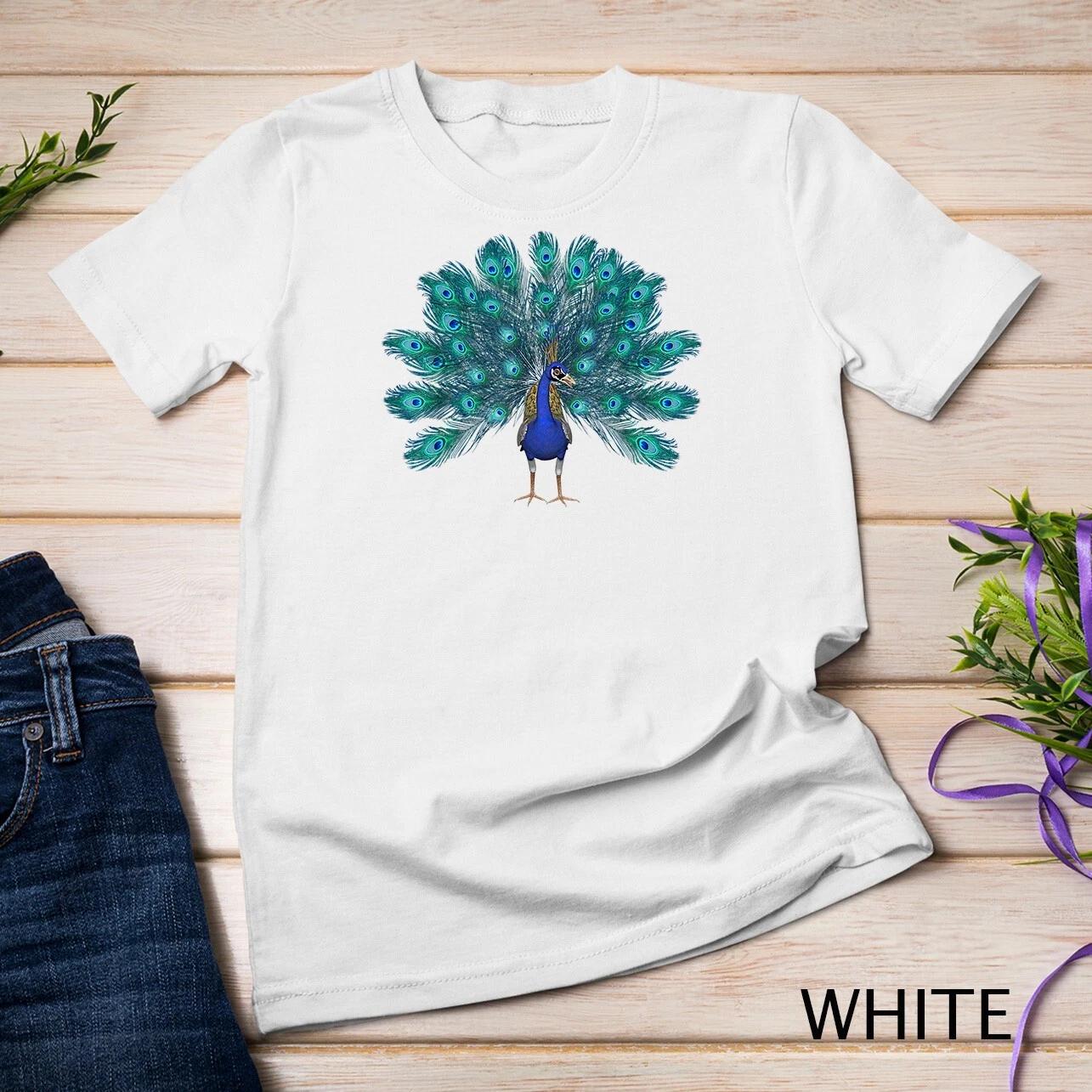 Blue Peacock Print T-Shirt Teal Feathers Clothes Unisex T-shirt 1 2XL