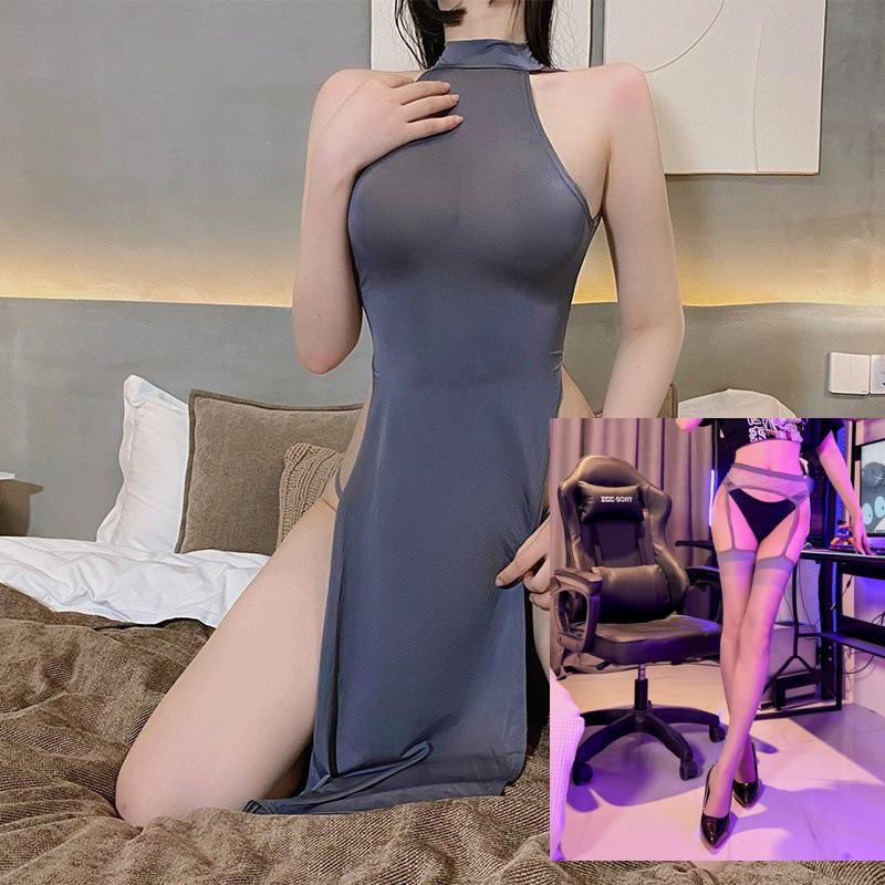 Plus Size Night Oath Tiffi High Slit Ice Silk Cheongsam Lingerie Dress
