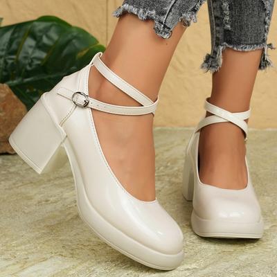 Female Shoes  Mary Janes Women's High Heels Plus Size Dress Pumps Women Round Toe Ankle Buckle Strap High Chunky Heels Shoes