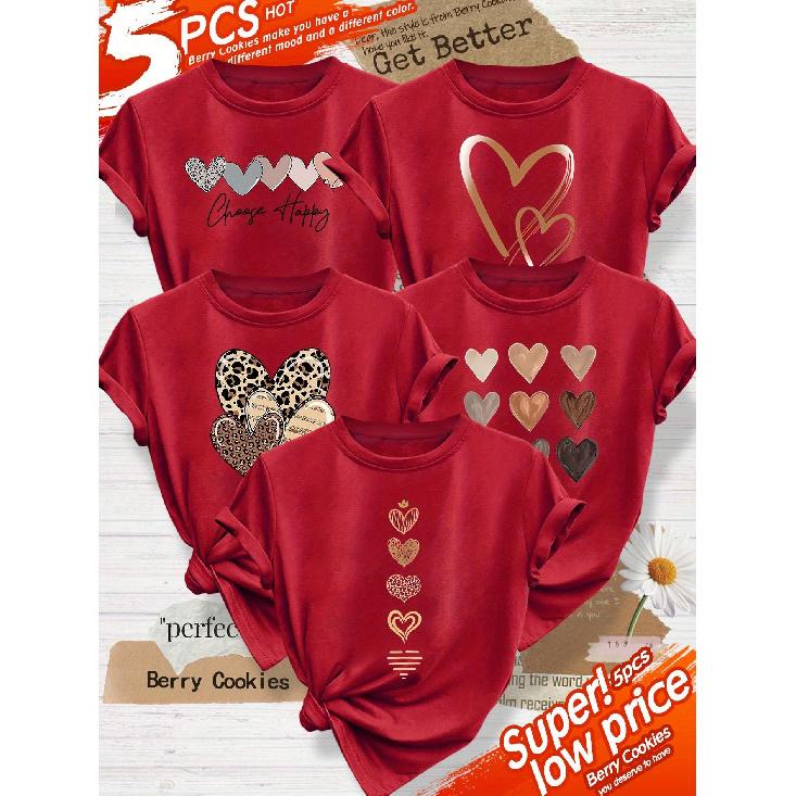 5Mixed set of simple, clear-lined, heart-patterned, fashionable printed tops in an elegant retro style for women, suitable for spring, autumn, and S красный