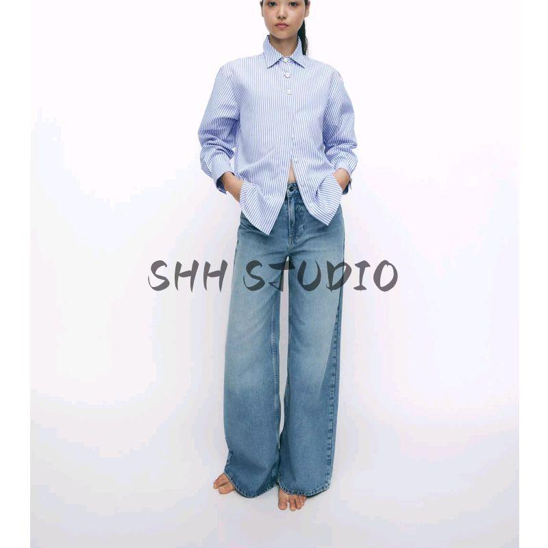Spring New Women's Clothing Patchwork Button Decoration Stripes Poplin Easiest for Match Long Sleeves Lapel Shirt 2238832