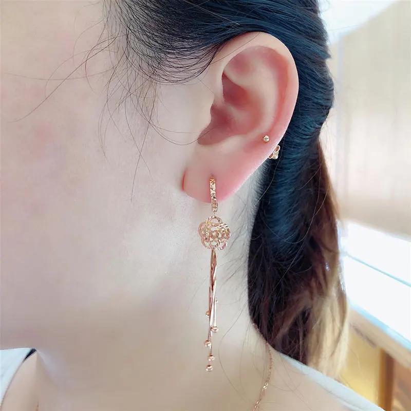 Nouveaux Boucles d'oreilles Mode Fleur Rose Classique Exquise Gland Chaîne Douce Boucles d'oreilles à Perles pour Femmes Cuivre Plaqué Or Rose Zircon