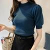 Half Turtleneck Knitted Summer Tops Short Puff Sleeve Shirts Soft Solid Spring Shirt Tees Woman Simple Slim Female Chic 18844