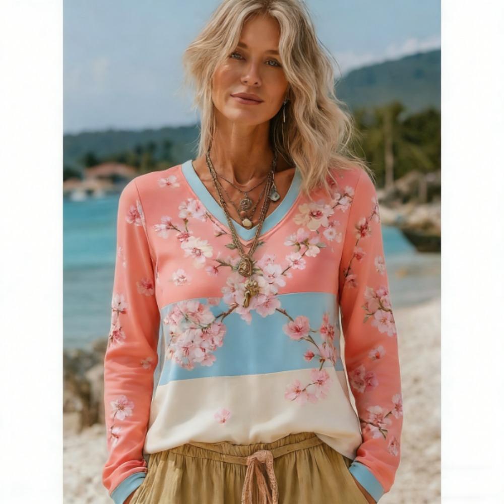 Spring Autumn Europe America Bohemian Style Fashion V-neck Women's T-shirt Pullover Women Long Sleeve Clothing Outdoor Casual Tees Top