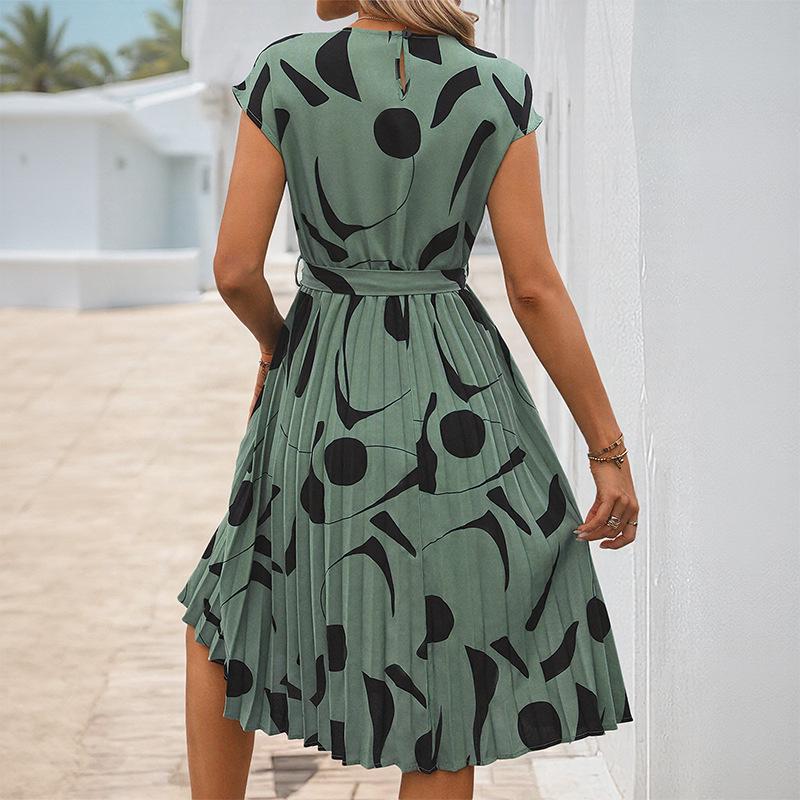 2025 Geometrischer Druck Midilanges Sommerkleid - Plissiert Europäischer & Amerikanischer Stil Damenbekleidung