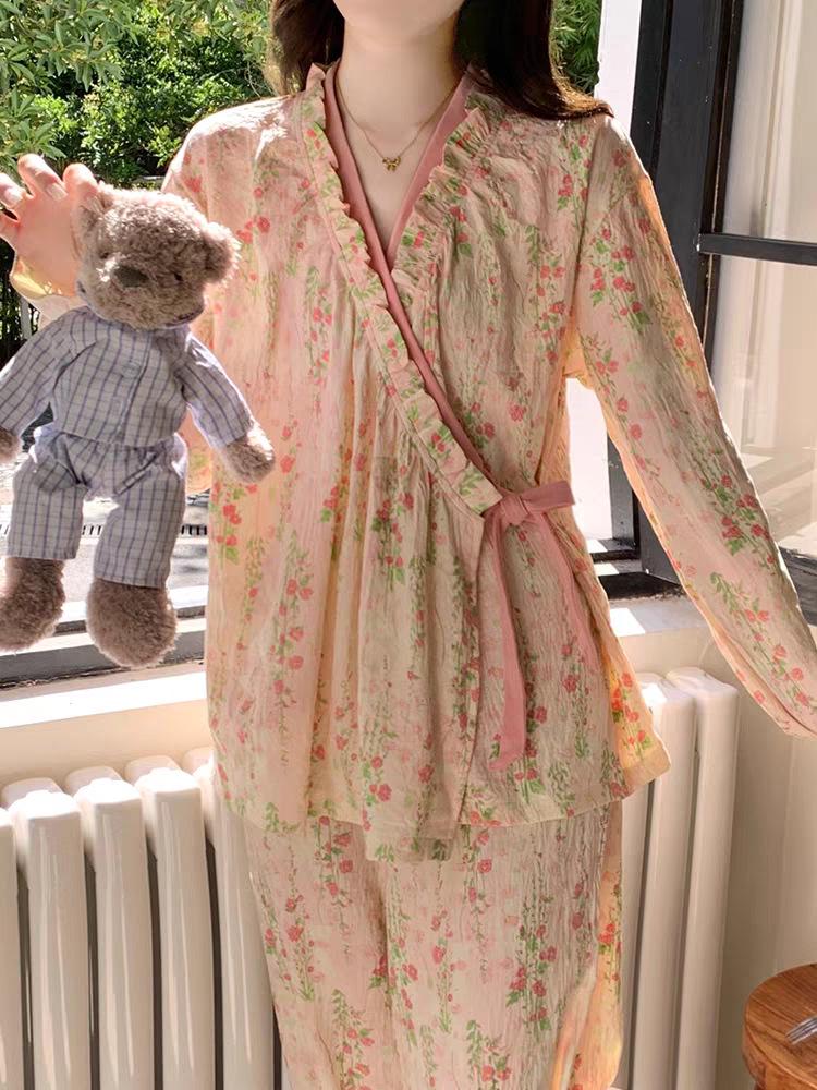 

Женский хлопковый комплект пижамы с завязками, милый и удобный, весна 2026 XL-XXL