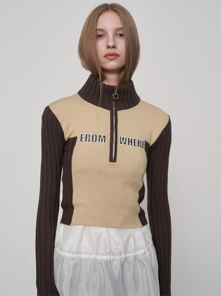 FROMWHERE Applique Zip-Up Sweater Brown