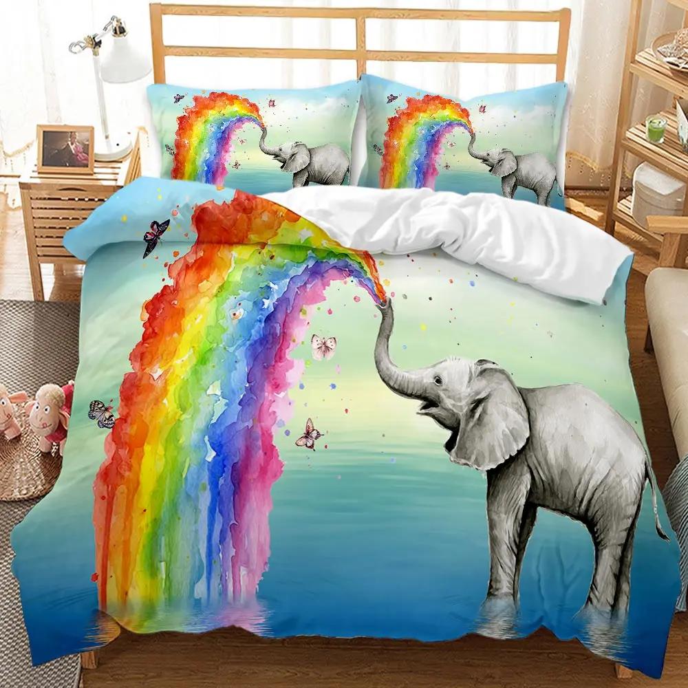 Elephant Duvet Cover Set African Wildlife Animal Personalized Design Twin Comforter Cover Rainbow Elephant Polyester Qulit Cover