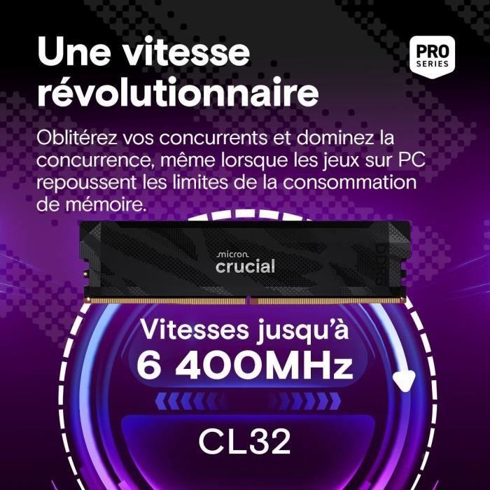 Mémoire gamer - CRUCIAL Pro OC - CP16G64C32U5B - 16 Go DDR5-6400 UDIMM - CL32 avec dissipateur thermique - Noir
