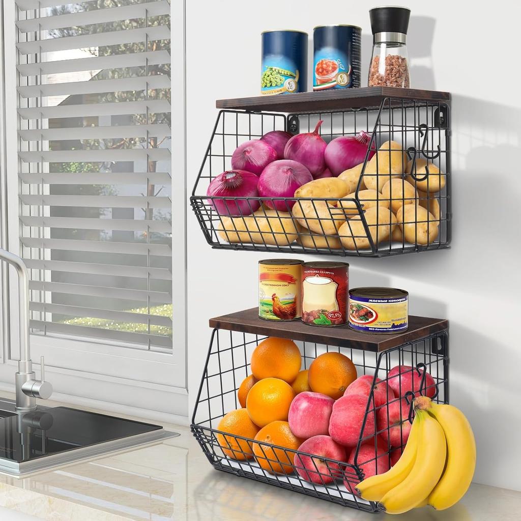 Fruit Basket, 2 Tier Fruit Basket, 2pcs Kitchen Organizer Basket with Wooden Lid Stackable and Wall Mountable Basket for Snacks and Vegetables Storage