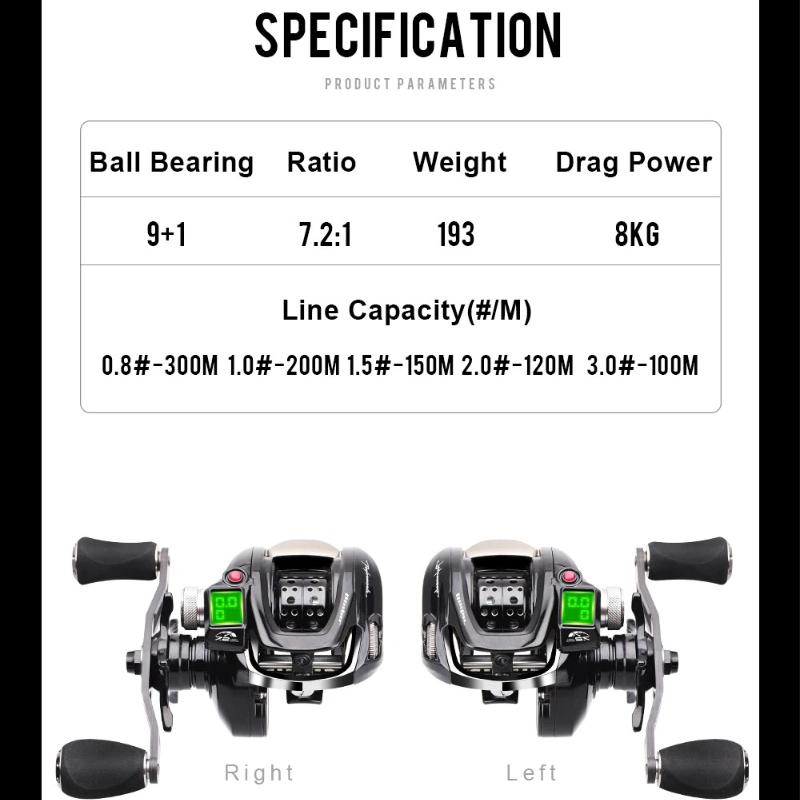 2026 Mulinello da Baitcasting a Goccia d'Acqua con Display Digitale LED Lunga Distanza di Lancio Potenza di Frenata 10kg 7.2:1 Bobinatore da Pesca Baitcasting con Rapporto Elevato 9+1 Cuscinetti a Sfera Frenata Magnetica Retroilluminazione a LED