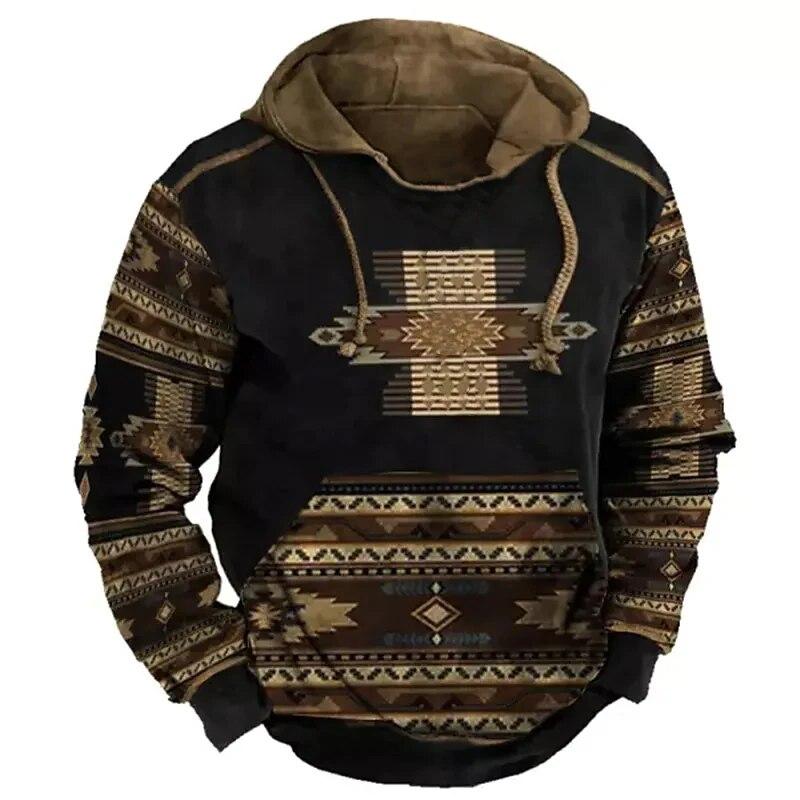 Christmas Men's Hoodie Retro Indian Animal Pattern Cowboy Style Casual Fashion Hooded Sweatshirt Unisex Harajuku Oversized Top
