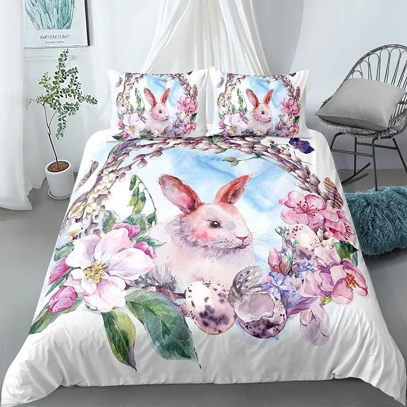 Cute Cartoon Rabbit Single Duvet Cover And Pillowcases 75*50 For Children'S Room, Comfortable Microfiber Bedding Set With Zipper