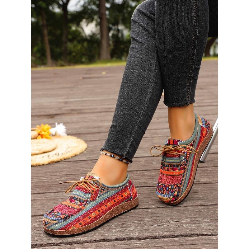 Printed Ethnic Style Lace-up Casual Shoes 2025 Autumn New Plus-size Flat Low-top Shoes for Women