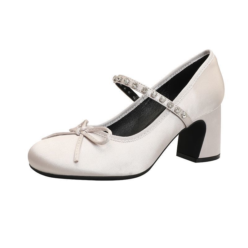 

Розовый атласный бант милая девочка Мэри Джейн туфли на толстом каблуке не устают ноги туфли для подружек невесты 2025 ранняя весна 40 серебряный