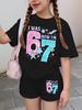 67 Six Seven Girls Clothes Cute Tie-Dye 3D Print Girls Short Sleeve T-Shirt Pants Set Casual Fashion Children's Clothes Tops