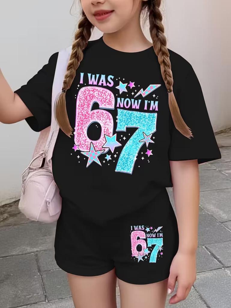67 Six Seven Girls Clothes Cute Tie-Dye 3D Print Girls Short Sleeve T-Shirt Pants Set Casual Fashion Children's Clothes Tops