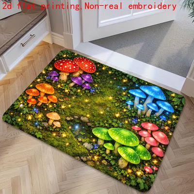 1pc, 2D Flat Printing, Dreamy Forest Glowing Mushroom Entrance Mat, Doorway Mat, Non-Slip Machine Washable Easy Clean Polyester Carpet, Suitable for H
