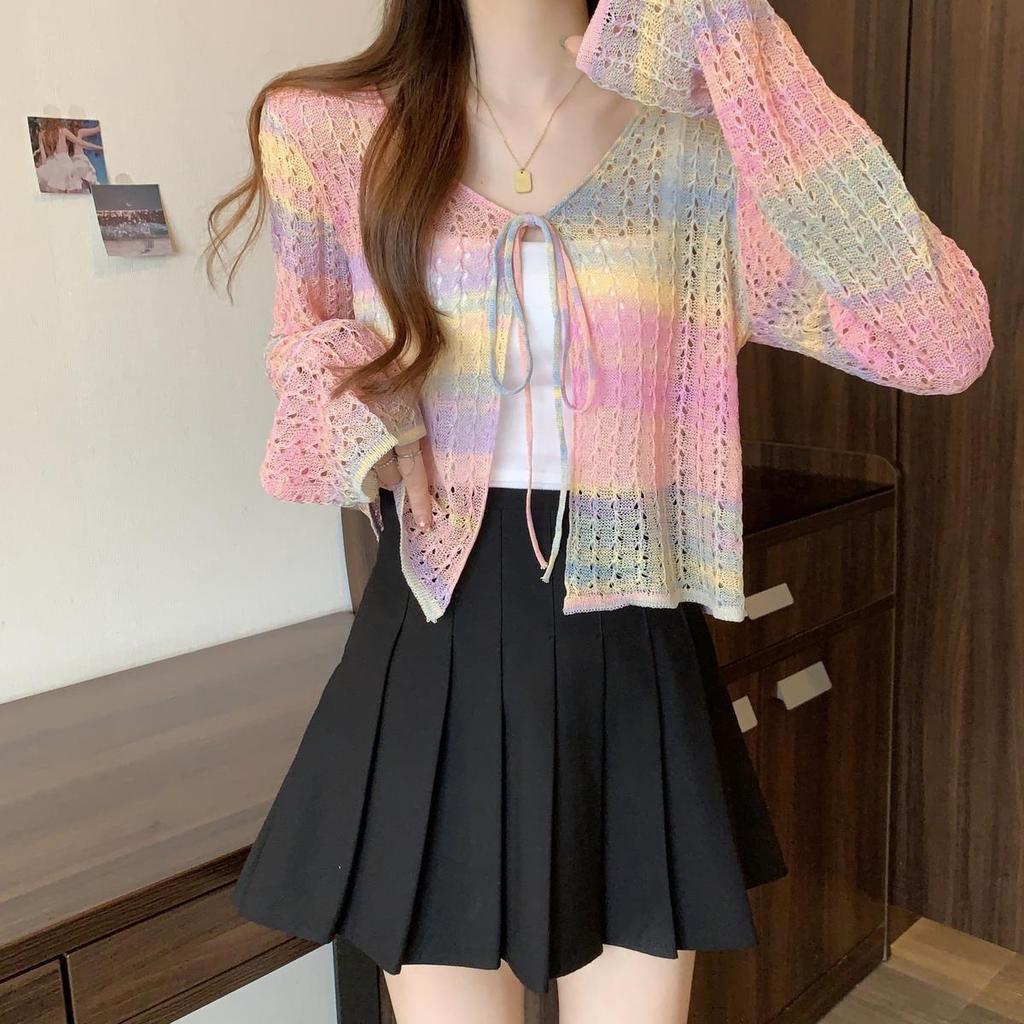 Summer Rainbow Hollow Out Knit Cover Up Ice Silk Cardigan Coat Sun Protection Outer Wear Short Sweet Spicy Dopamine Top