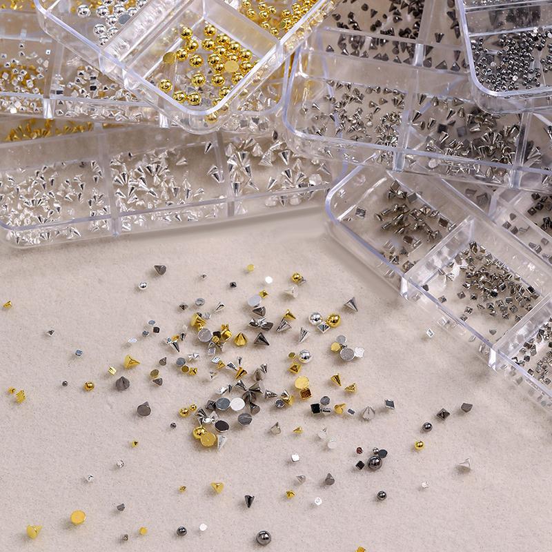 6 Grids 3D Mini Punk Metal Nail Studs Mix Size Silver Gold Black Nail Art Charms Alloy Rivets Stick Cone Diy Crafts Decoration