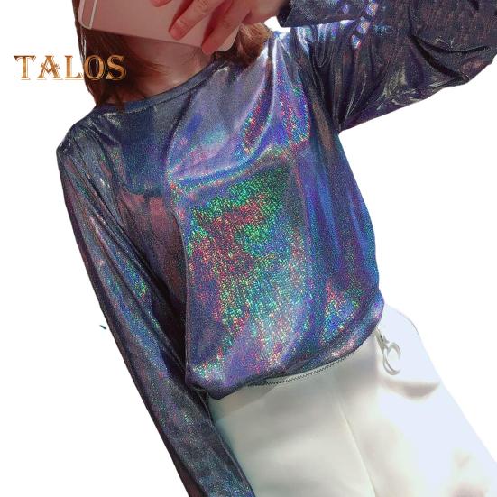 

Жіноча футболка вільного крою з круглим вирізом і довгим рукавом, блискуча світловідбиваюча футболка, прикрашена паєтками, пуловери XL синій