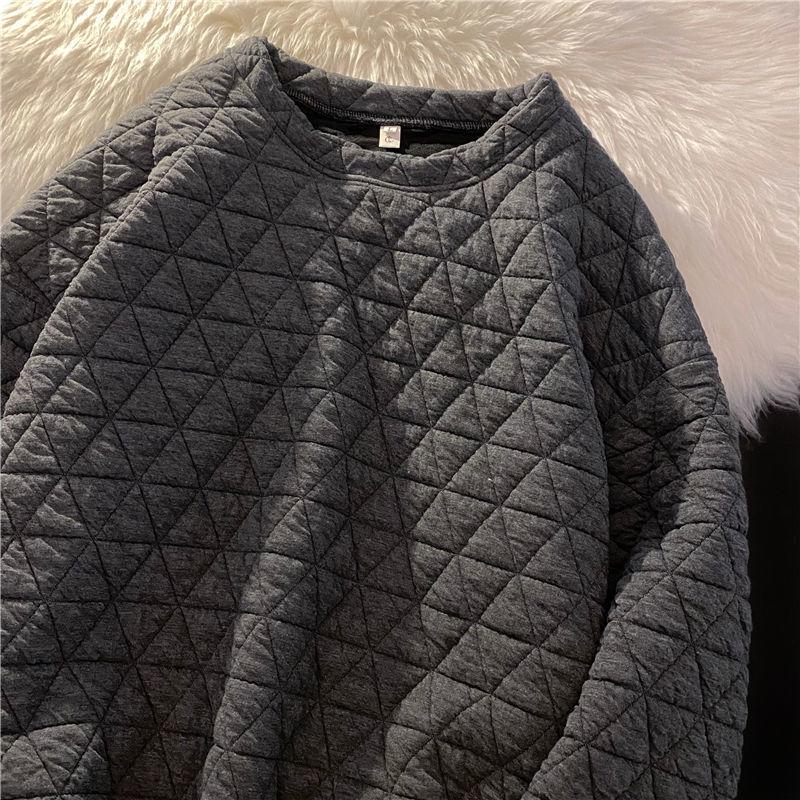 Women's High-End Diamond Pattern Quilted Sweatshirt - Korean Style, Slimming, No-Hood, Round Neck, Autumn/Winter Fashion