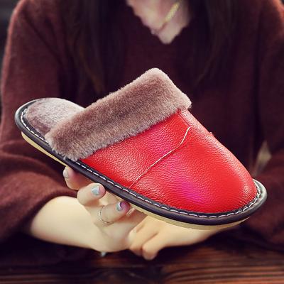 Zapatillas de Invierno de Cuero para Mujer 2024 Zapatillas de Interior Impermeables Cálidas para el Hogar Zapatos de Pareja de Piel Zapatillas Planas para Señora Zapatillas de Hombre Zapatos de Algodón