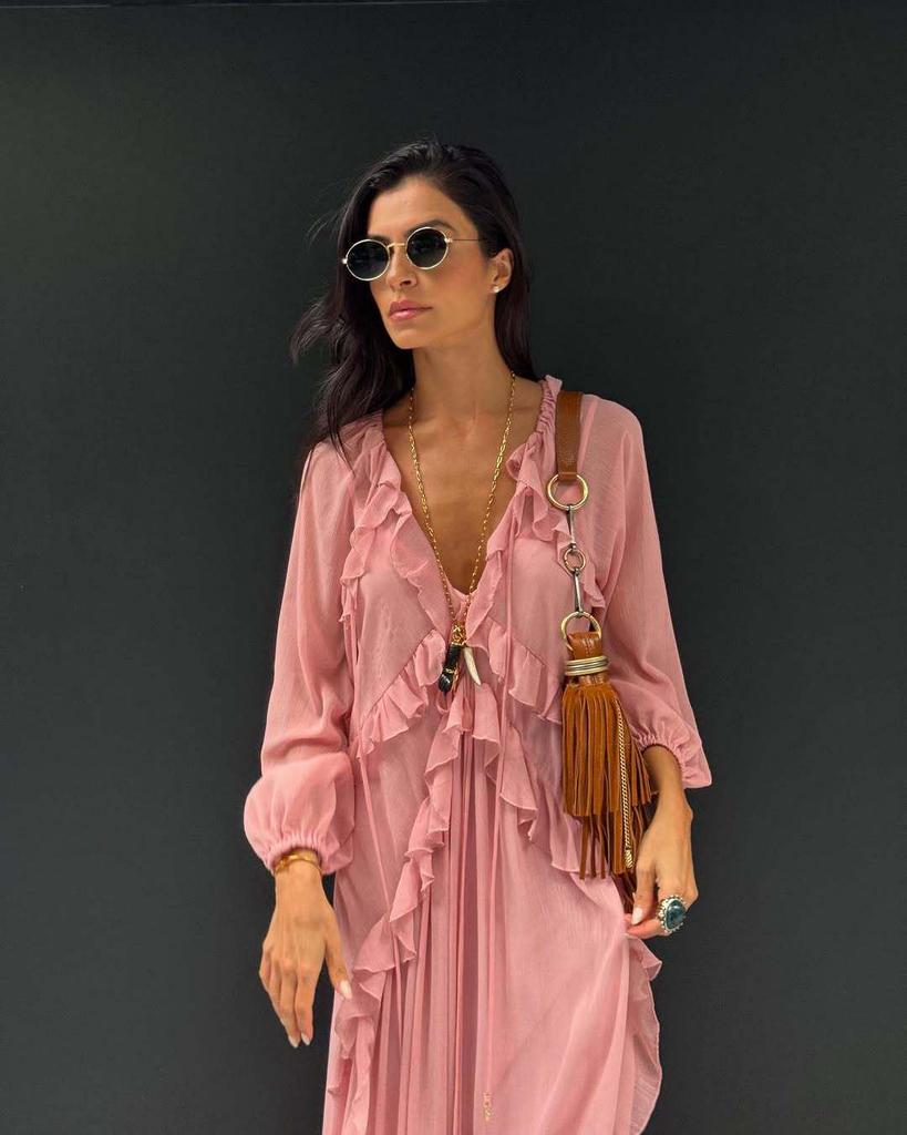 Layered V-Neck Long Dress for Women - European and American Style