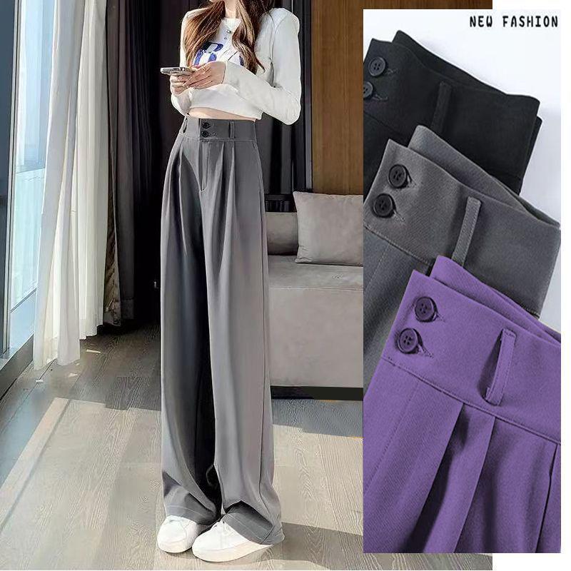 Summer High-Waisted Pleated Ice Silk Straight-Leg Tummy Control Pants - Women's Quick-Drying Fashion Suit Pants