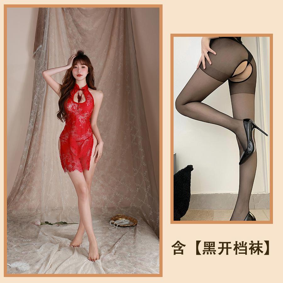 Sexy Underwear Lace Hollow Sexy Cheongsam Temptation Open Fork Perspective Pajamas Slim Bed Set