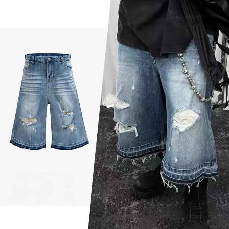 FlowStreet Washed Blue Destroyed Denim Seven-Eighths Shorts M