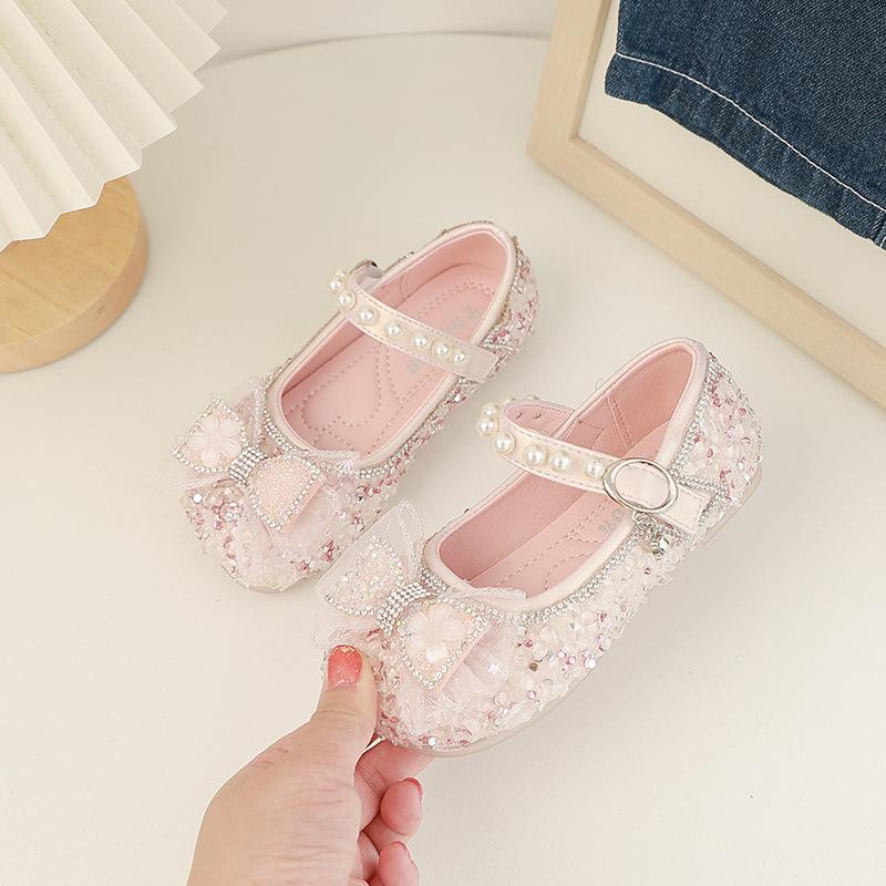 Girls Mary Janes for Party Wedding Shows Bow Sequined Rhinestones Shallow Children Fashion Versatile Soft Kids Casual Shoes 2024