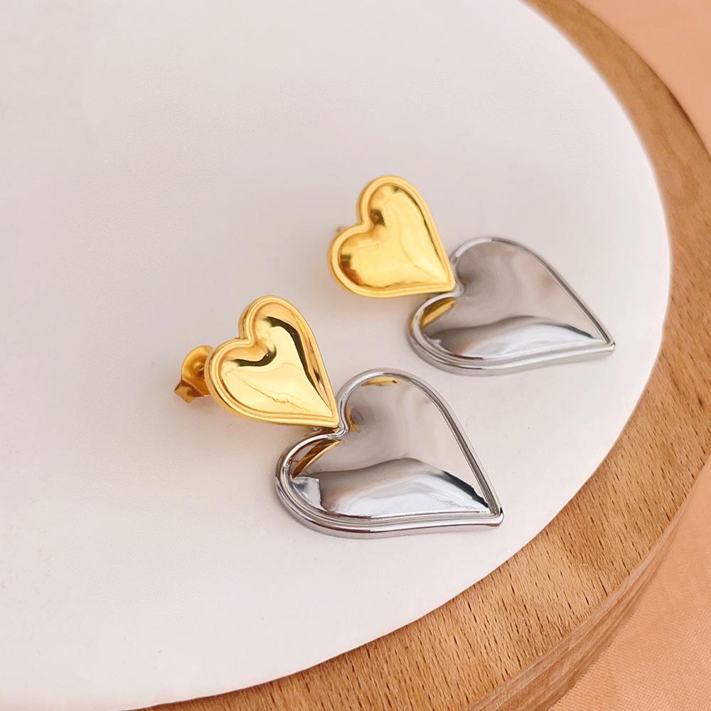 Gold and Silver Contrasting Color Pendant Love Earrings Personalized Vacuum Plating Titanium Steel Studs Do Not Fade