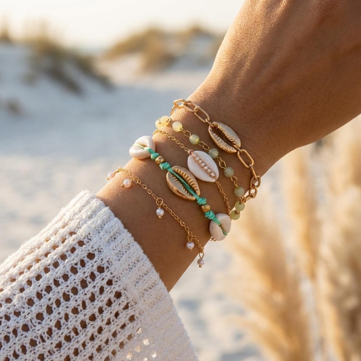 

Vacation Style Metal Shell Crystal Beads Stackable Bracelets Set For Women Men Multilayer Bohemian Beach Bangle Summer Jewelry