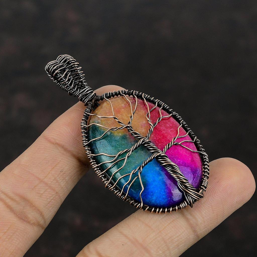 Tree Of Life Rainbow Solar Quartz Druzy Pendant Copper Wire Wrapped Gemstone Pendant Gift For Mom Handmade Pendant Beautiful Copper Jewelry