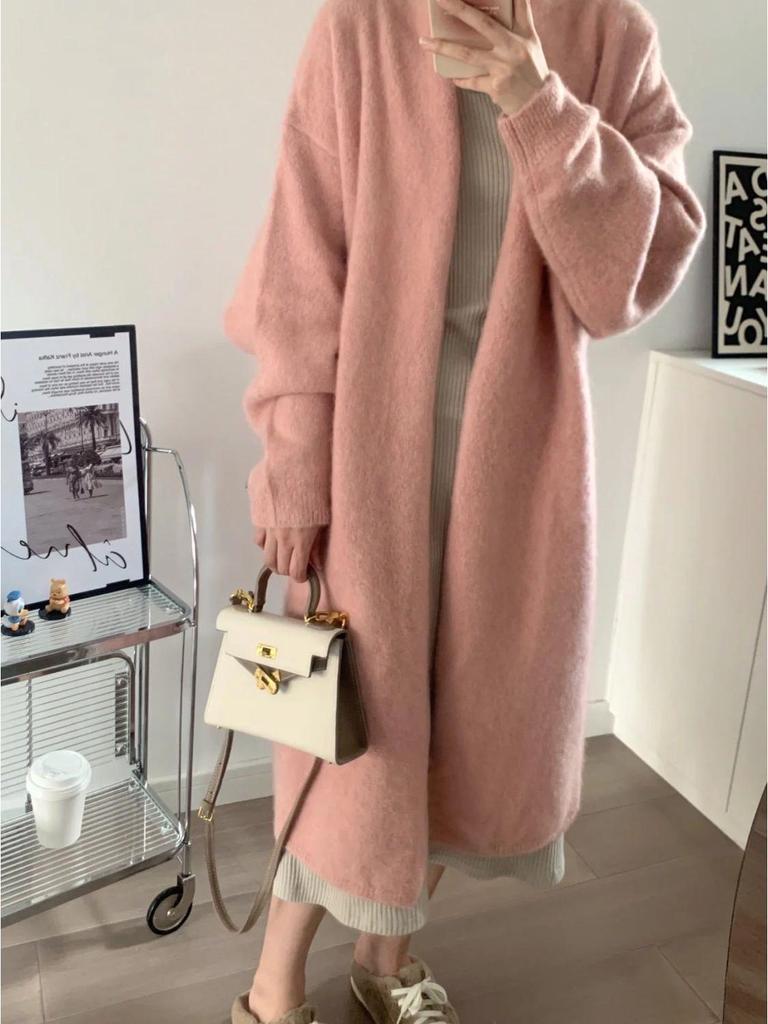 Women's Gray Oversized Knit Sweater Coat: Mid-Length, Over-the-Knee, Autumn/Winter, Thickened Lazy Style.