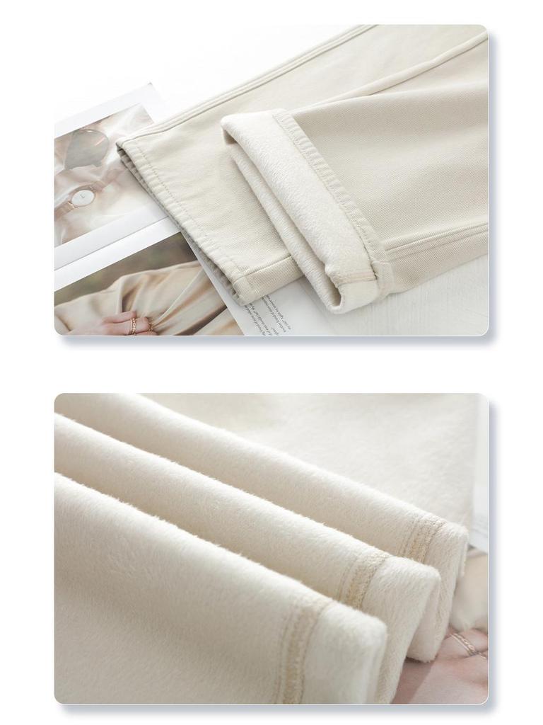 Ivory Fleece-Lined High-Waisted Wide-Leg Jeans - Women's 2024 Autumn/Winter Slimming Straight-Leg Pants