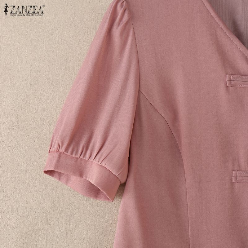 ZANZEA Dámská ležérní letní halenka s V-výstřihem, jednobarevná, krátký rukáv