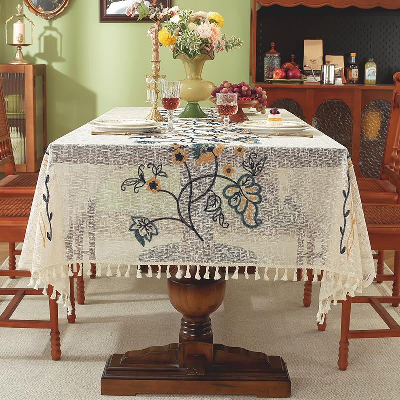 

Романтические кружевные скатерти Американский винтажный стиль Кисточки Декор Полый Цветок Скатерть для обеденного стола Домашняя вышивка Покрытие на стол 90x140cm