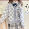 Oversized Women Knitted Cardigan Checkerboard JK Sweater Jacket Autumn Top