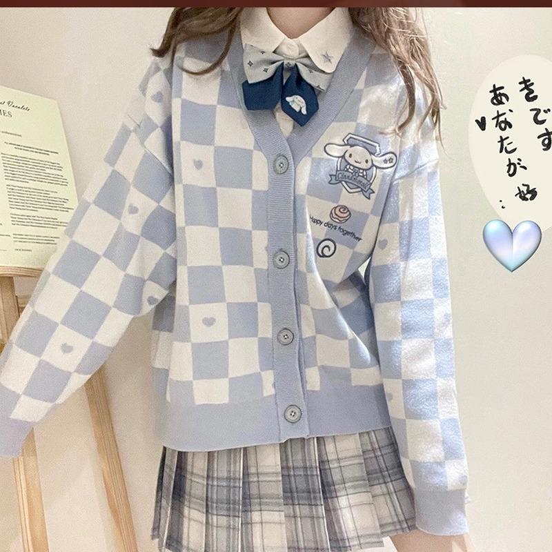 Oversized Women Knitted Cardigan Checkerboard JK Sweater Jacket Autumn Top
