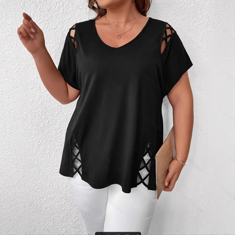 

Women Blue V Neck Short Sleeve Cutout Lattice Casual T Shirt XL чорний