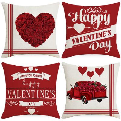 Valentine's Day Linen Pillow Case Red Rose Love Truck Print Home Sofa Pillow Back Cushion