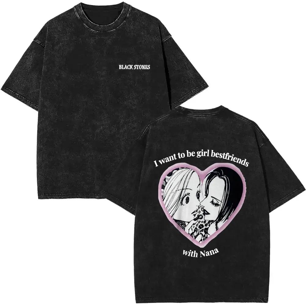 Anime Nana Osaki Vintage Washed T-shirts Grunge Black Stones Y2k Streetwear 90s Cartoon Oversized Short Sleeve T Shirt Unisex