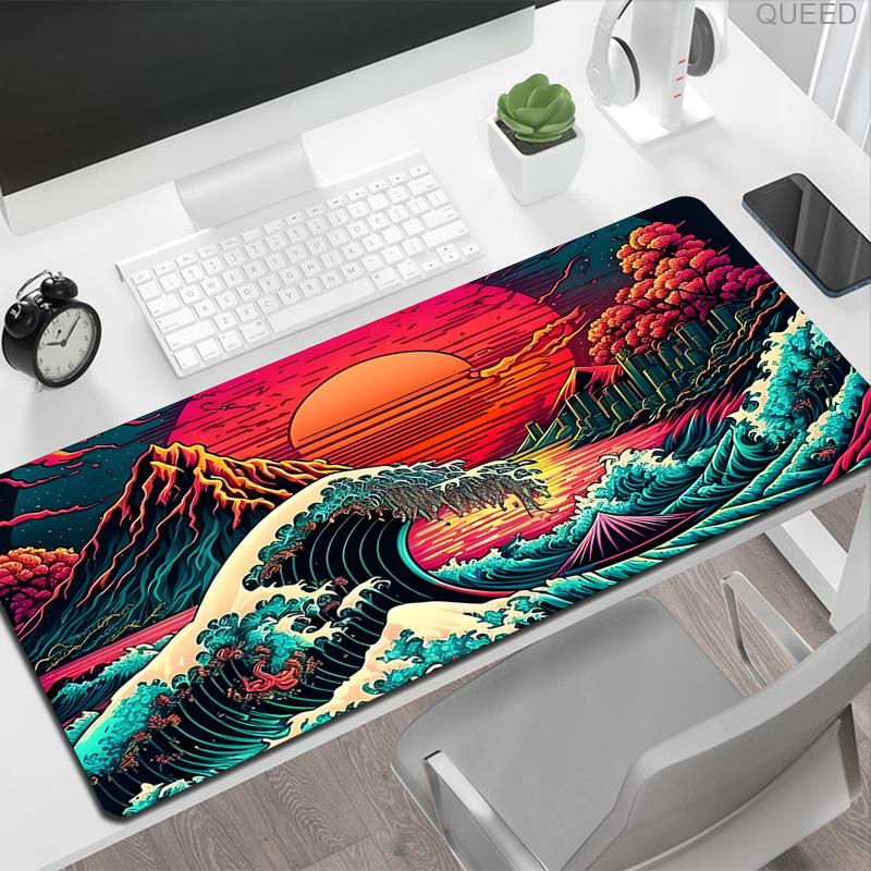 Tappetino per Mouse Japan Art Bianco e Nero Grandi Onde Gaming XL HD Nuovo Tappetino Mouse XXL Tappetino da Gioco Ufficio Computer Antiscivolo Tappetino Grande per Mouse