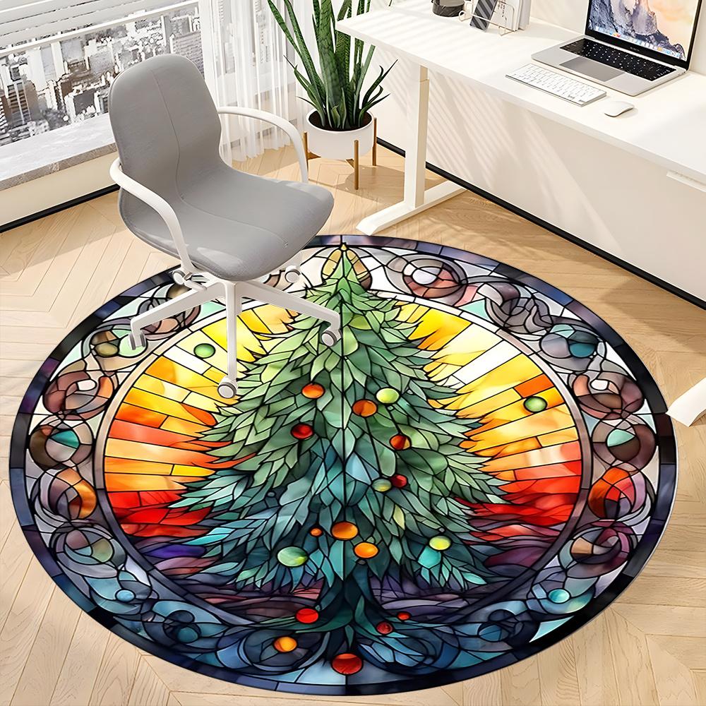 1pc Christmas Tree Stained Glass Office Round Area Rug, Indoor Mat Suitable ForOffice, Under Office Chairs Bedroom Living Room Home Decor, Room Deco