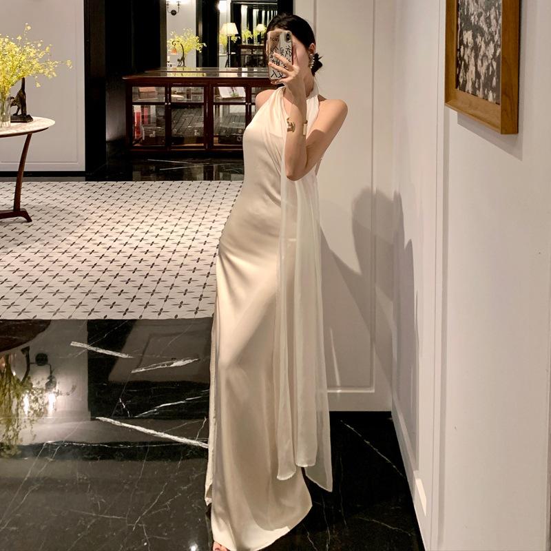French Temperament Satin Design Slant Shoulder Backless Dress Birthday Party Dress Dress Women