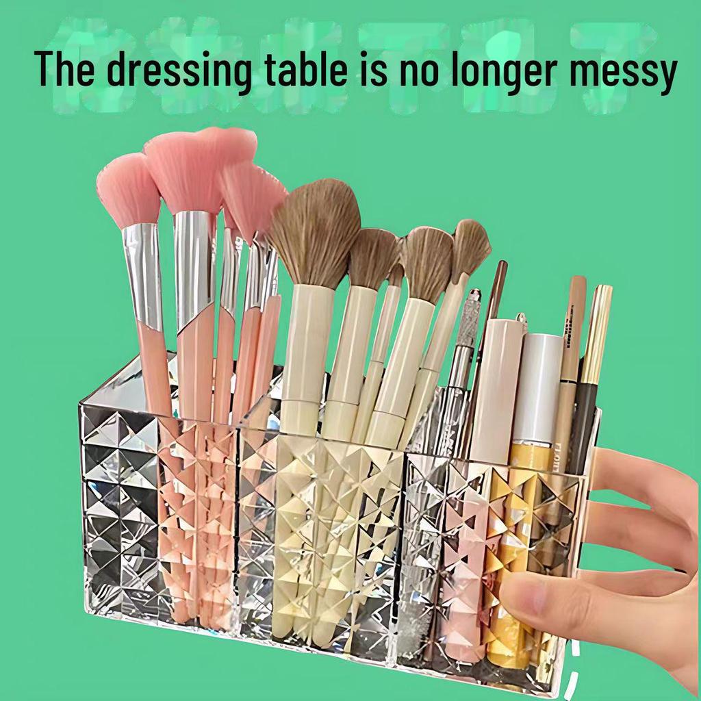 PS Material Transparent Three-Grid Cosmetic Storage Box with Diamond Pattern: Versatile Holder for Eyebrow Pencils and Desktop Pens.